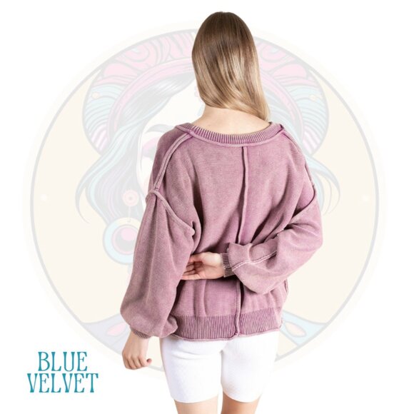 4V BLUE VELVET Washed Knit Button Up Cardigan in Mauve - Picture 2 of 2